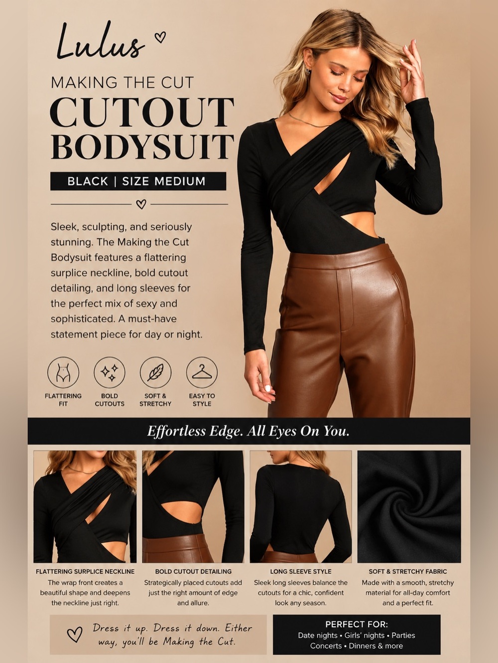 Lulus Black Cutout Surplice Long Sleeve Bodysuit
